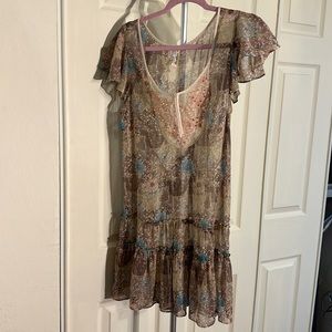 Beautiful Free People floral sheer mini dress with tiered bottom + embellishment